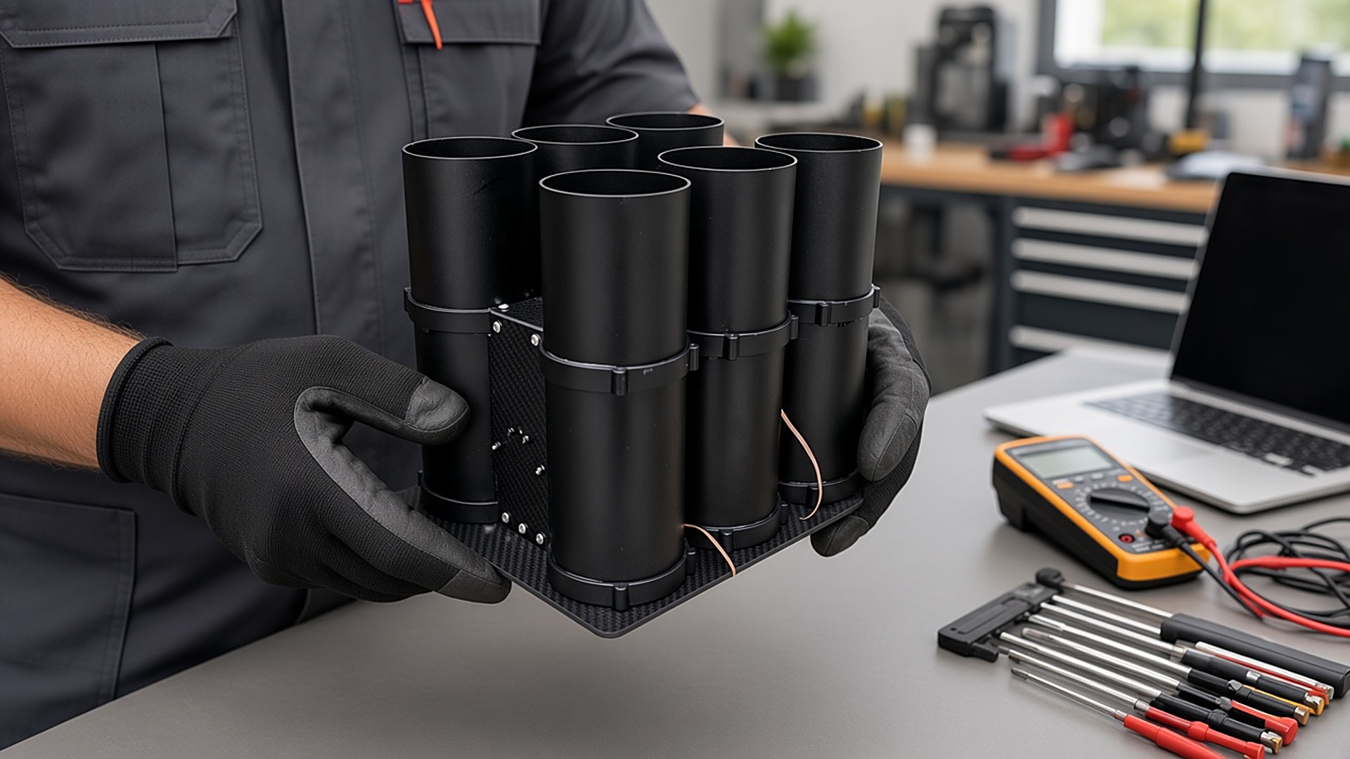 FlySpark QD60-6 multi-tube drone dropper held by a technician on an integration workbench showing real-world size