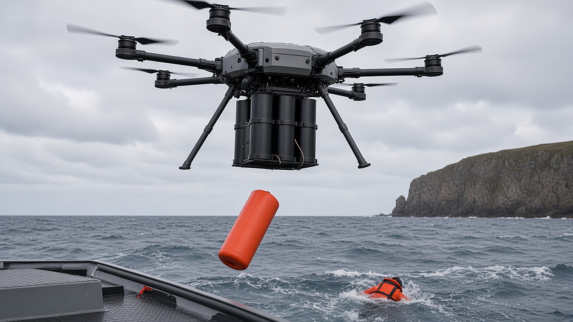 FlySpark QD60 heavy-lift drone dropper releasing an orange flotation canister beside a person in the sea during maritime rescue