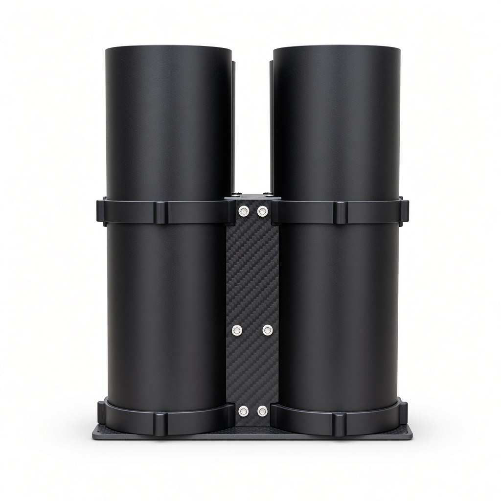 FlySpark QD82 drone dropper side view showing aluminium tube clamps and carbon-fibre electronics enclosure
