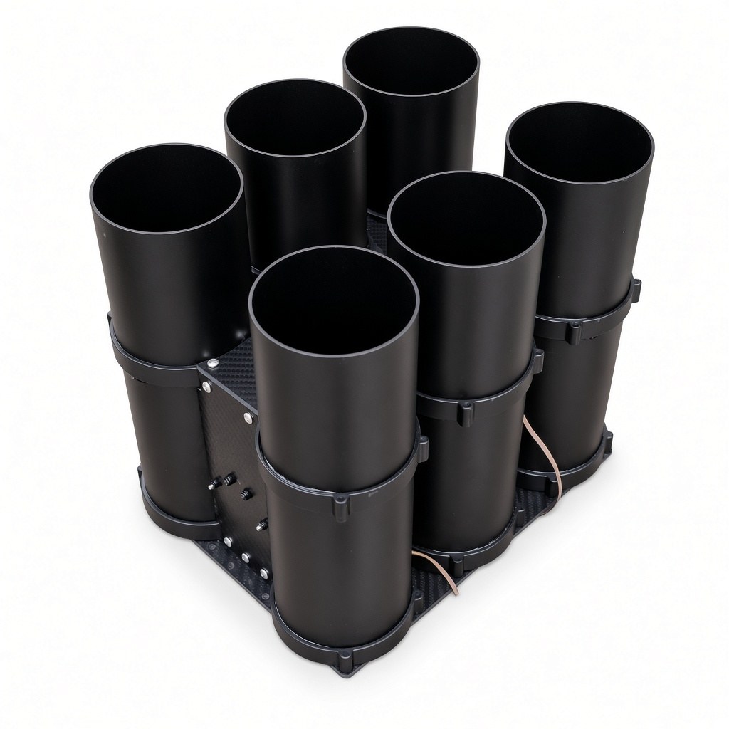 FlySpark QD82-6 parallel tube-rack drone dropper high three-quarter view showing six open payload tubes