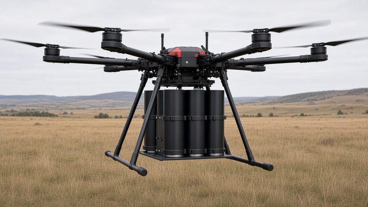 FlySpark QD82 heavy-lift multi-tube drone dropper mounted under a large hexacopter over a training ground