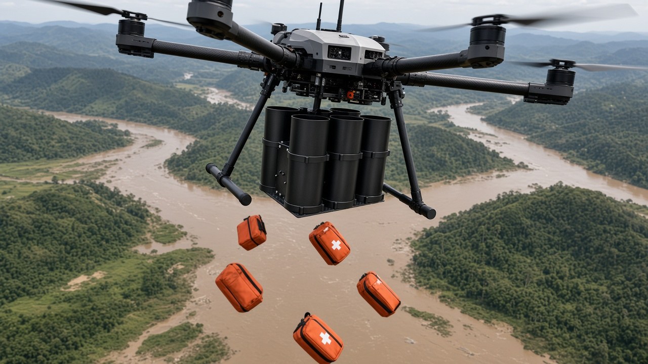 FlySpark QD82 heavy-lift drone dropper releasing orange first-aid pouches over a flood zone