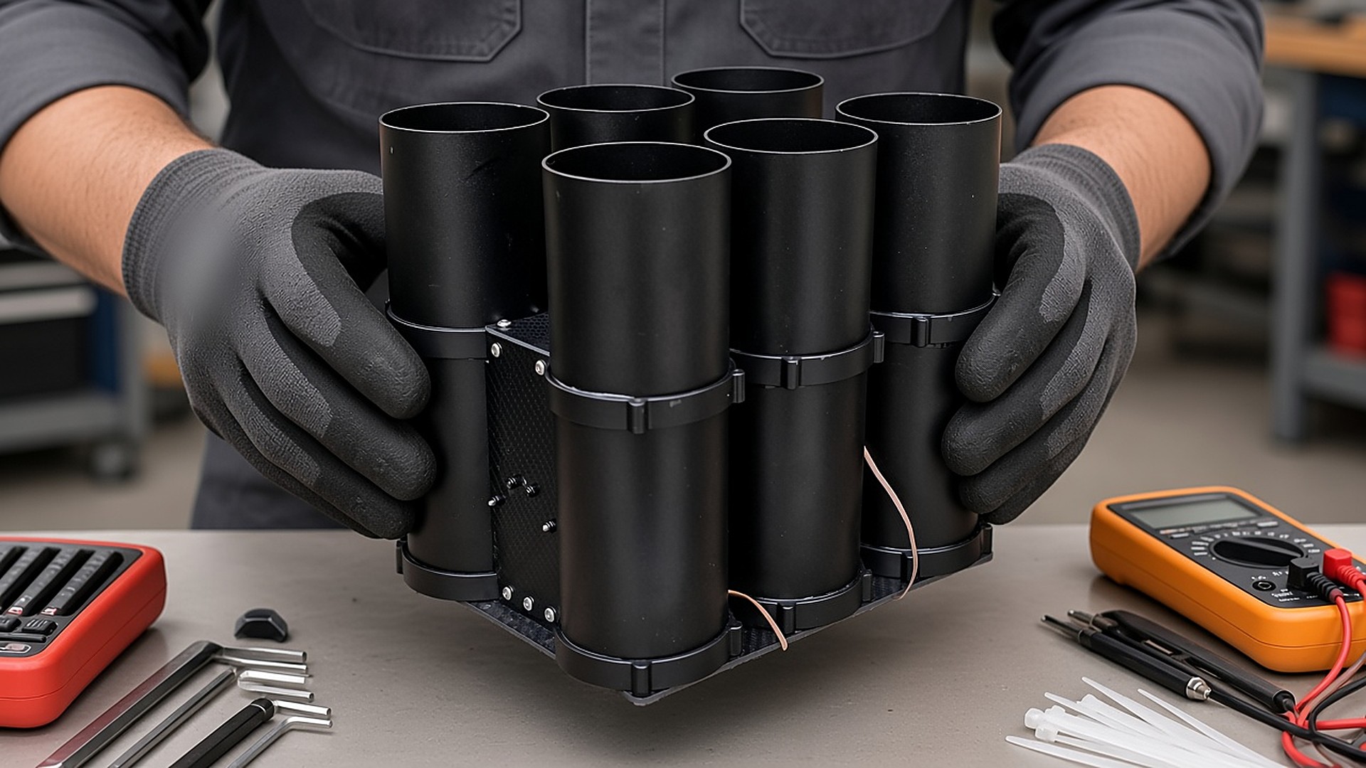 FlySpark QD82 multi-tube drone payload dropper held by a gloved technician on a workbench, showing real-world size of the 232 × 254 mm tube rack