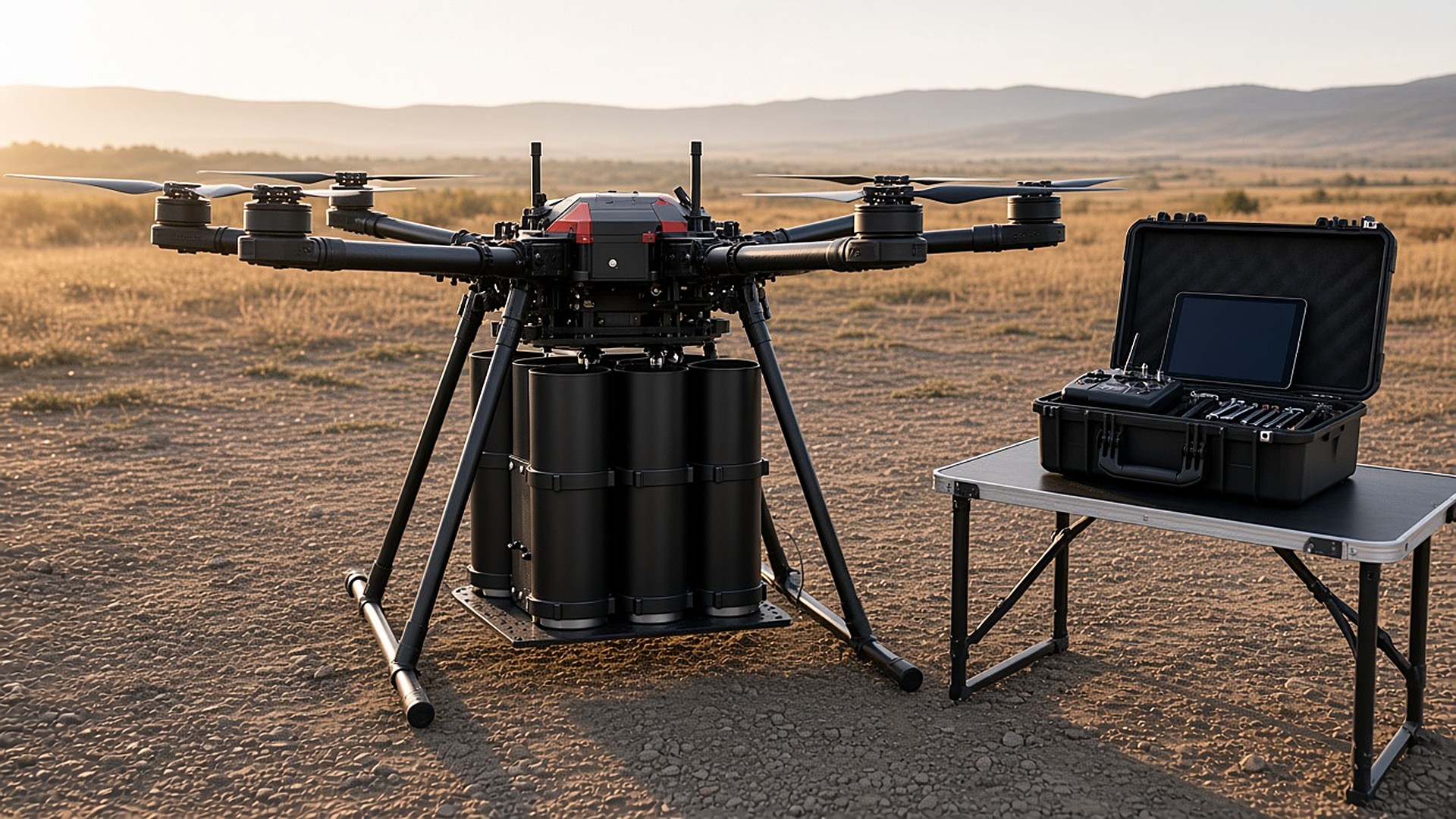 FlySpark QD82 heavy-lift tube-rack dropper mounted on rails under a large hexacopter during pre-flight checks at a field site