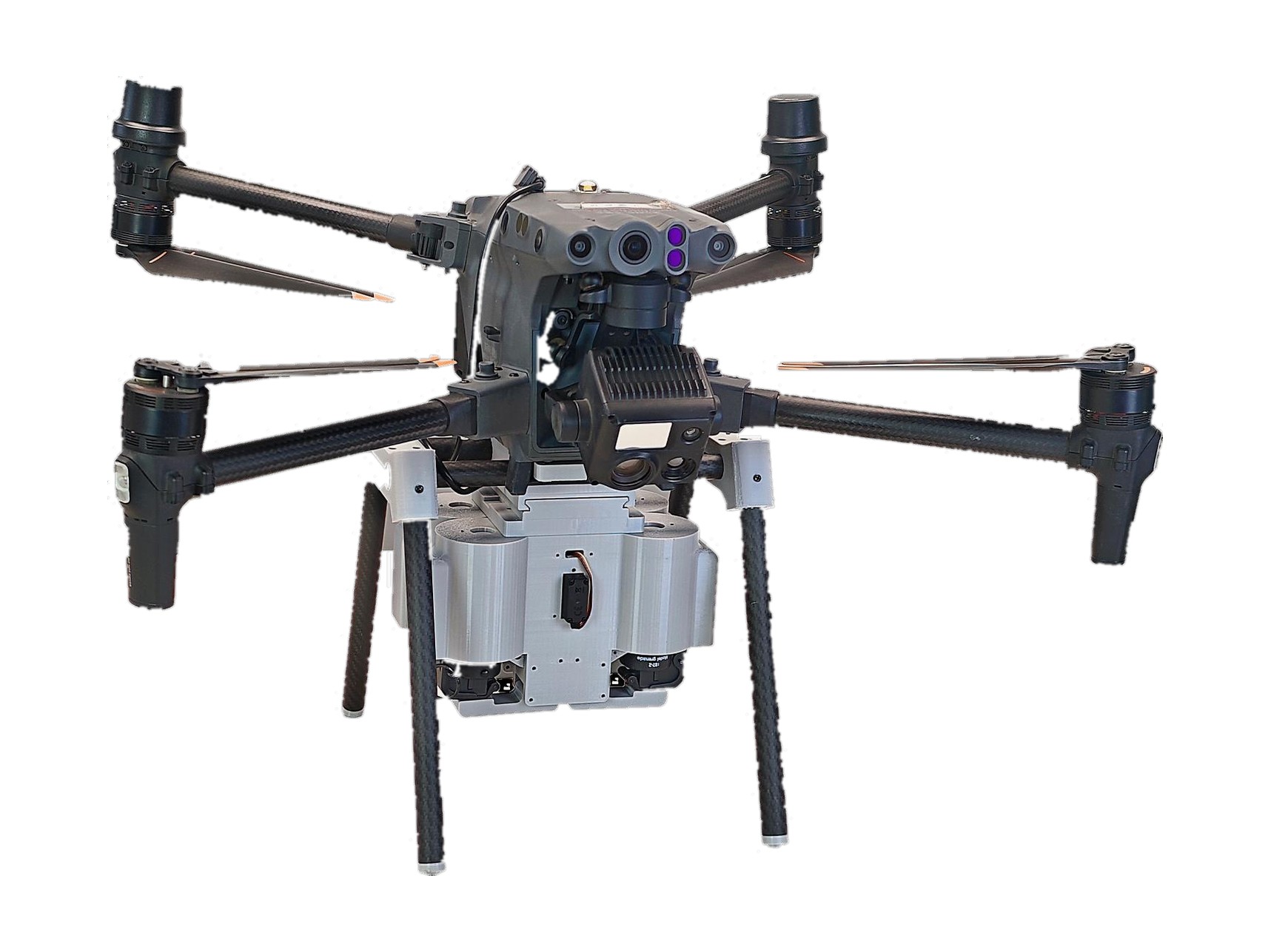 FlySpark M30T quick-release mount installed under a DJI Matrice 30T-class drone with a FlySpark dropper fitted