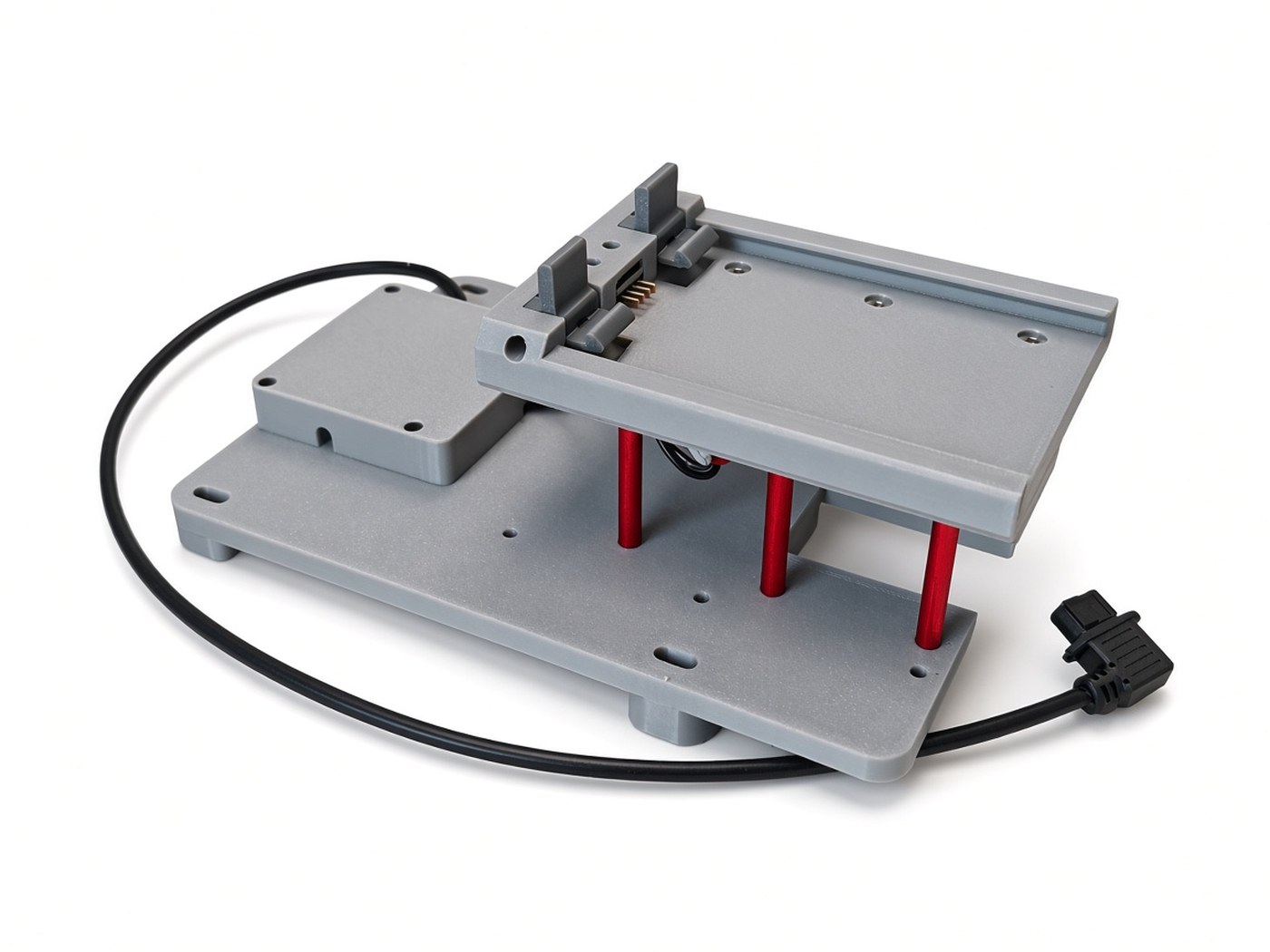FlySpark M350 PSDK drone payload quick-release mount with base plate, red standoffs, latch cradle and PSDK cable
