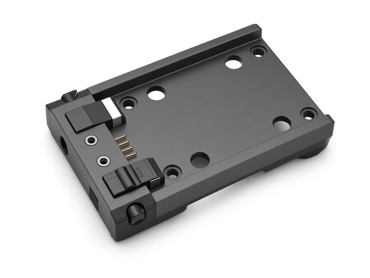 FlySpark XTS-D-V1 small universal drone payload quick-release mount with spring latches and contact pins, 48 × 80 × 18 mm