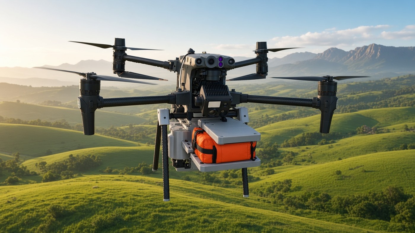 FlySpark drone payload quick-release mount on a Matrice-class enterprise drone carrying an orange rescue pouch over hills