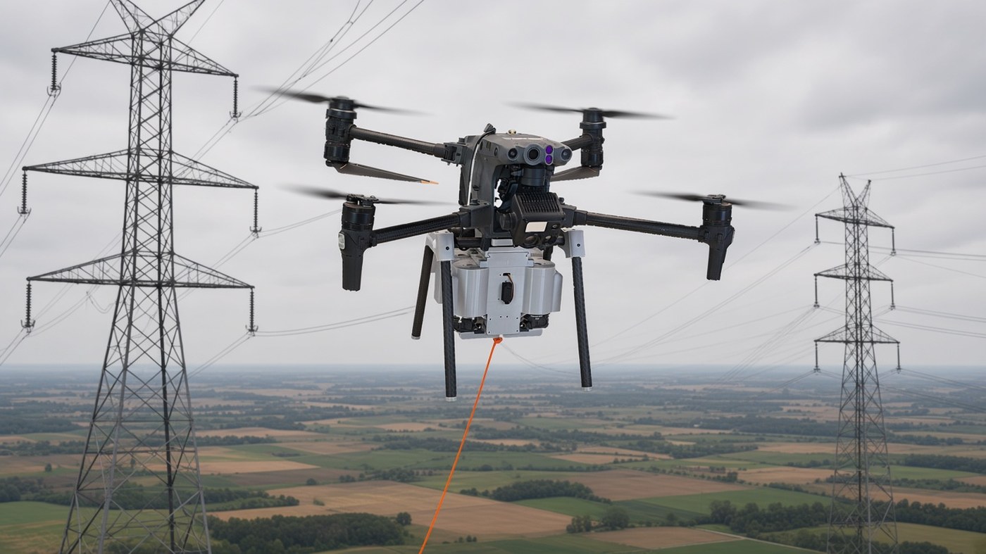 FlySpark quick-release mount on a Matrice 30T-class drone performing a utility pilot-line drop near transmission towers