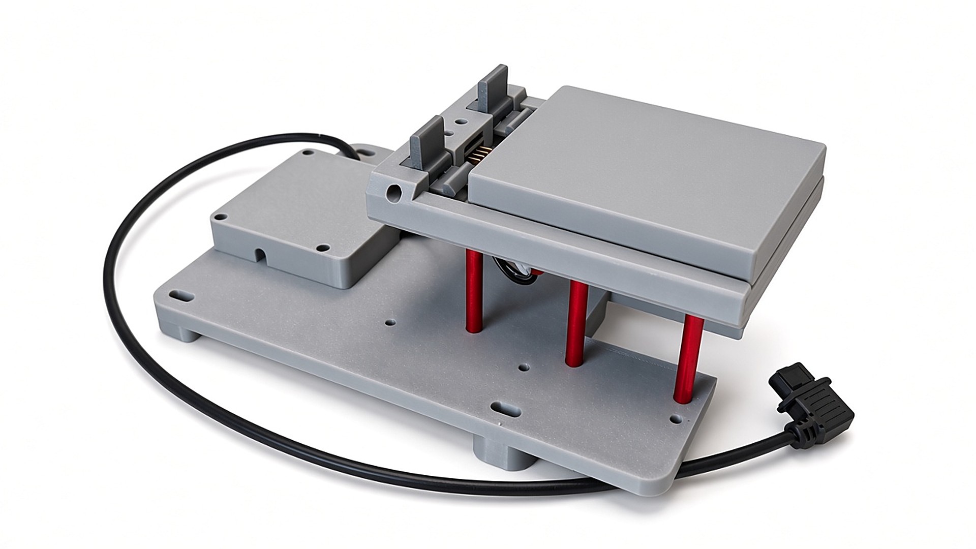 FlySpark drone payload quick-release mount with a dropper sliding along the rails into the spring latches for a tool-free dropper change