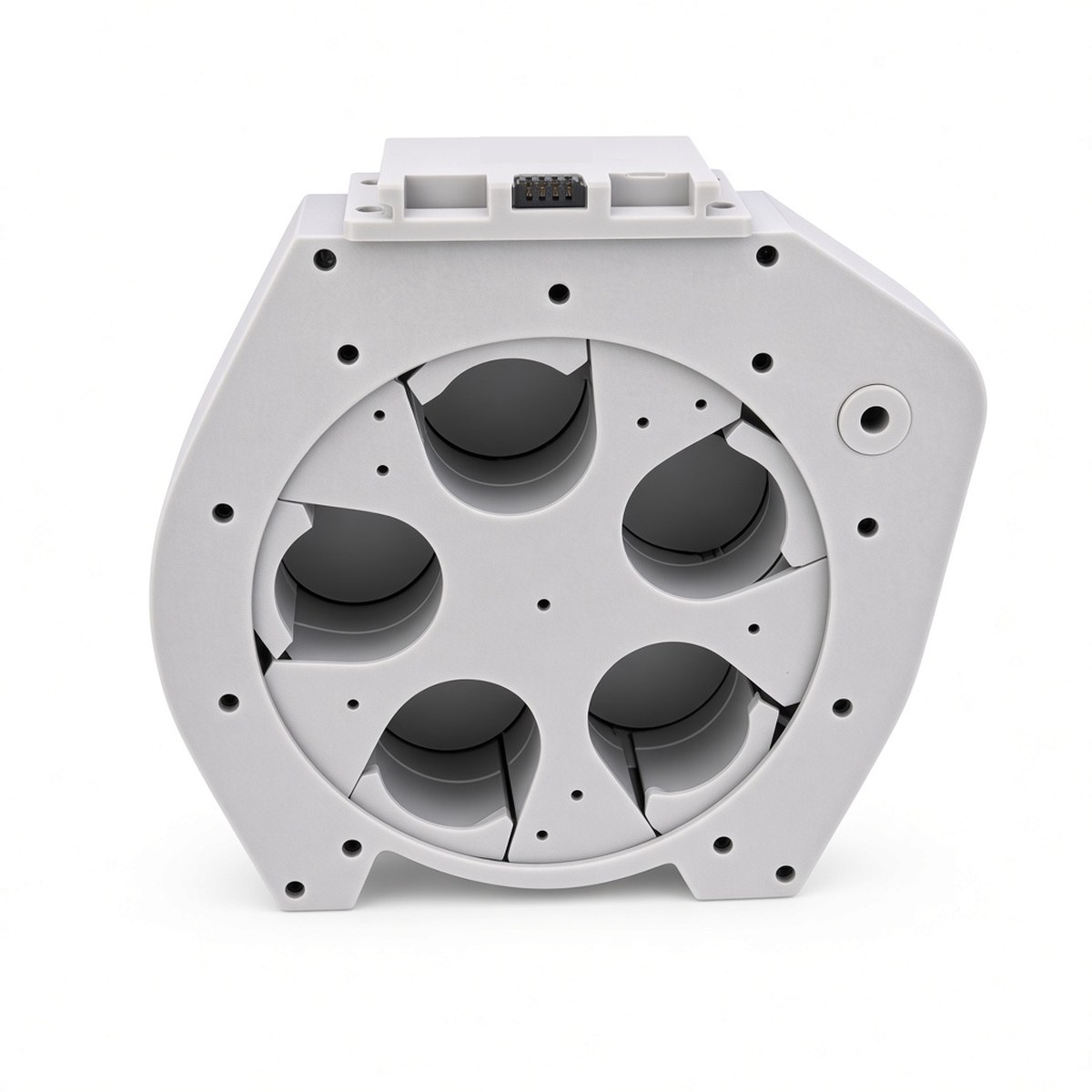 FlySpark RD5-35 revolver drone dropper front view with all five payload positions empty, showing the rotary wheel and central hub