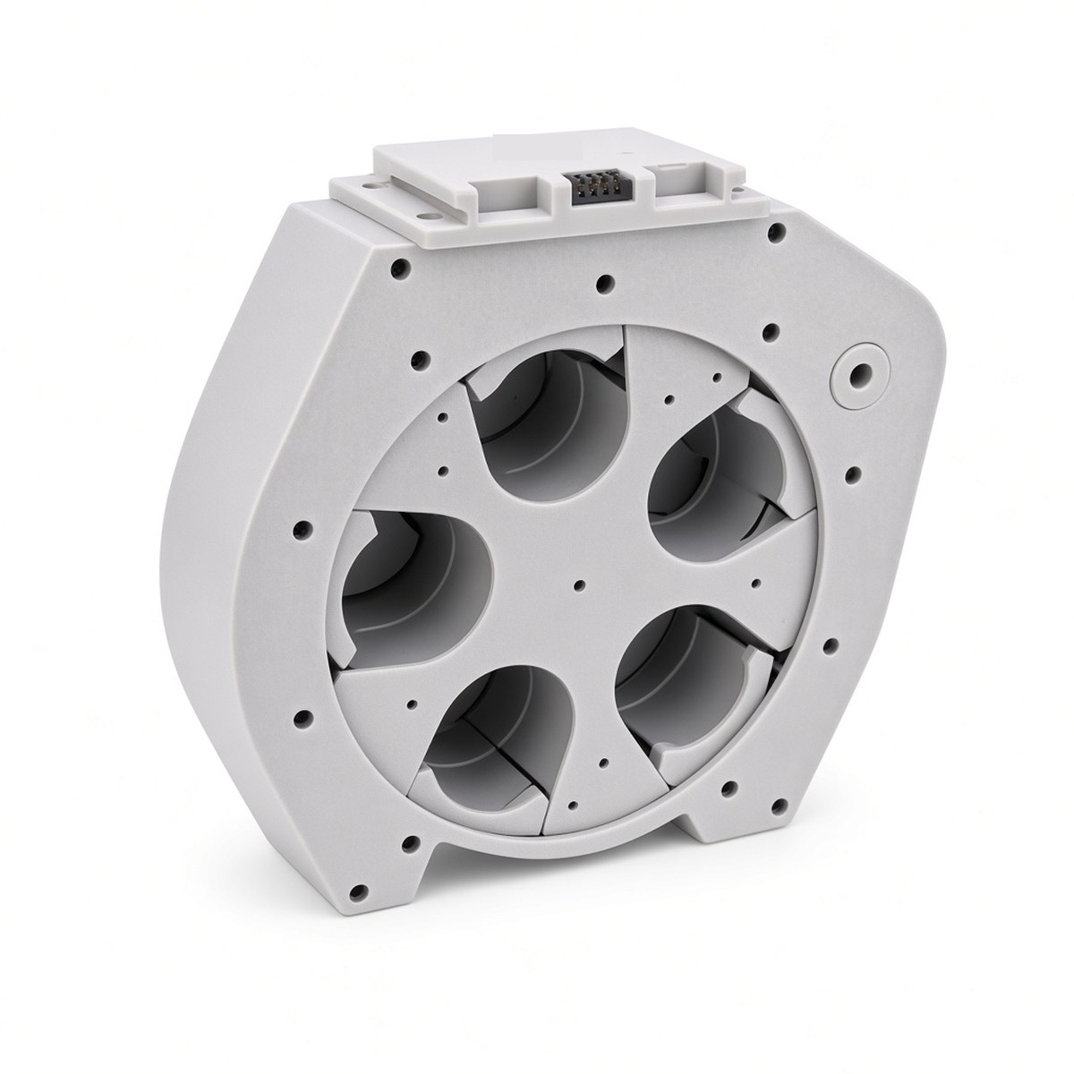 FlySpark RD5-35 5-position revolver drone dropper three-quarter view showing the deep housing and quick-release mounting plate