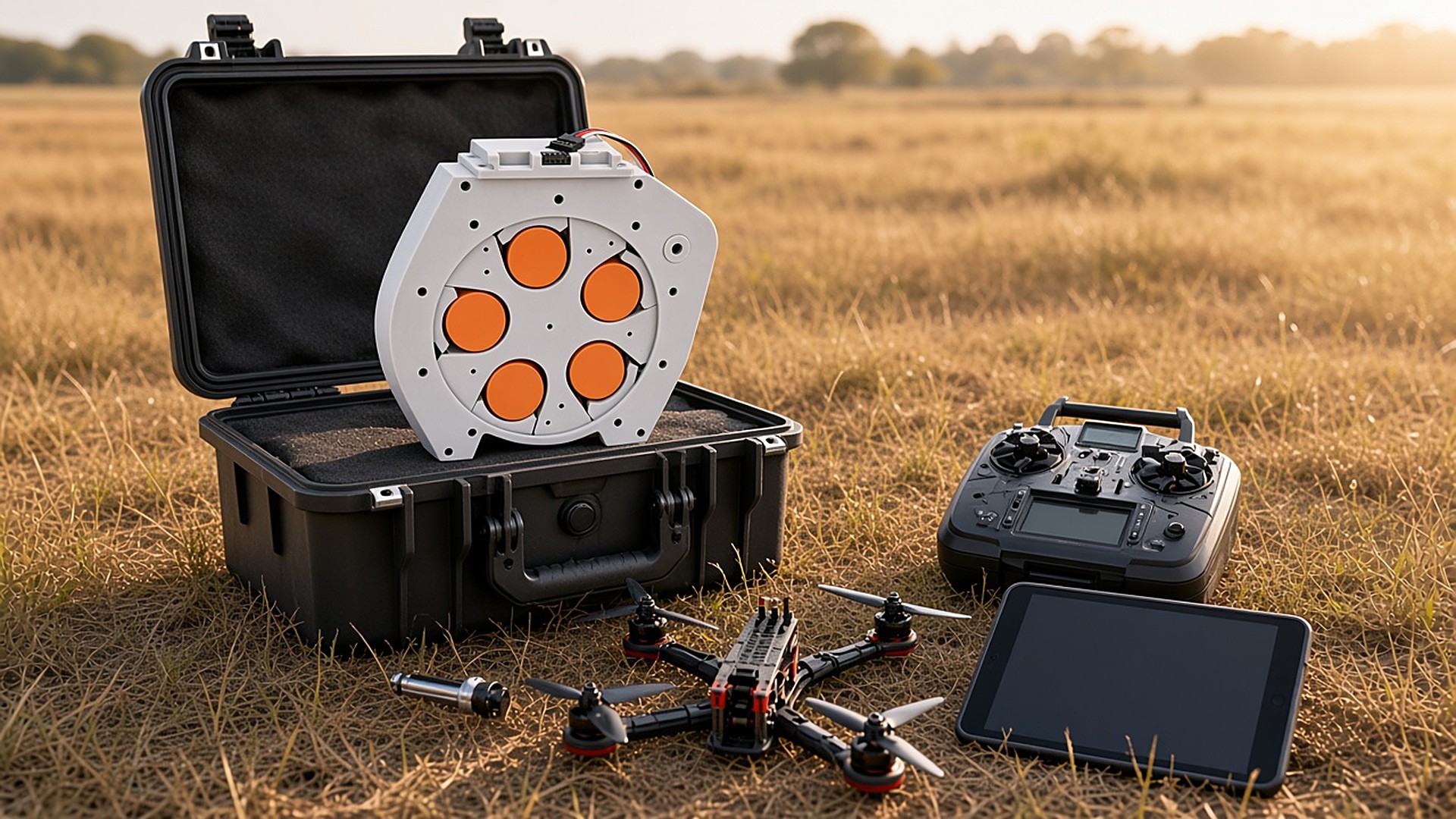 FlySpark RD5-35 revolver drone dropper pre-flight on a rugged equipment case beside an FPV-class quadcopter, transmitter and field tablet