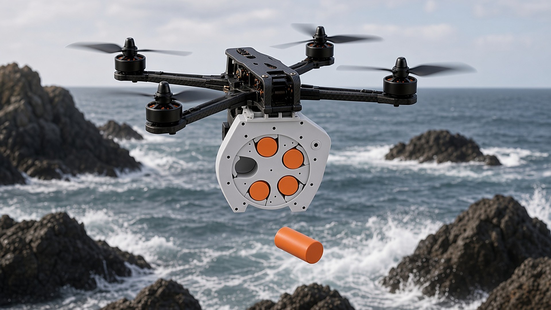 FlySpark RD5-35 revolver drone dropper releasing one orange rescue capsule from an FPV-class quadcopter during a coastal maritime rescue drill, four positions still loaded