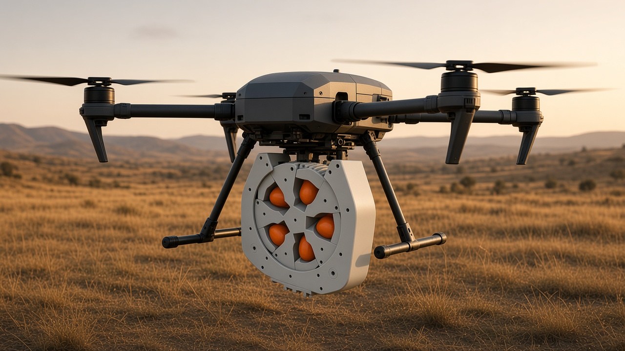 FlySpark RD5-C revolver drone dropper mounted under an enterprise quadcopter with inert orange training payloads