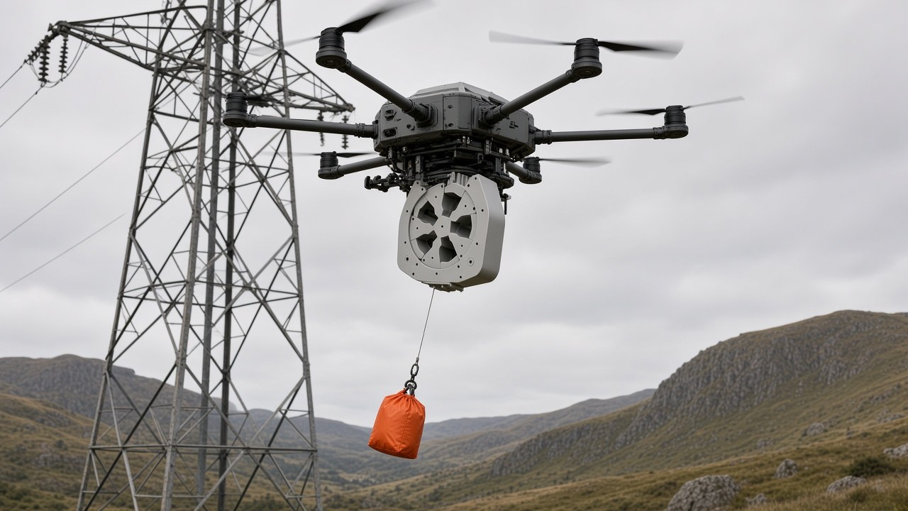 FlySpark RD5-C drone dropper on an enterprise multirotor dropping a pilot-line bag beside a transmission tower