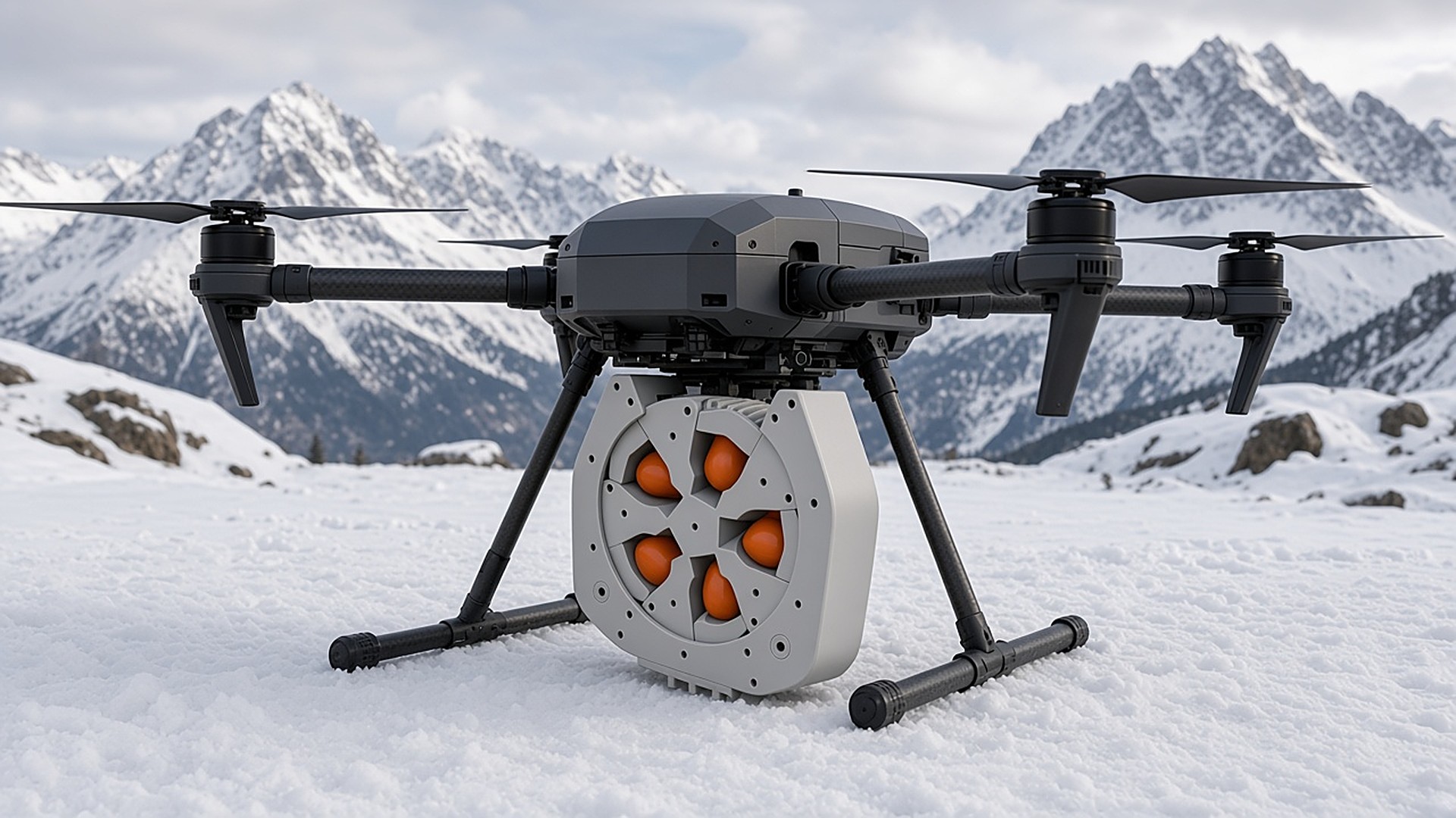 FlySpark RD5-C revolver drone dropper mounted under an M350-class enterprise drone on snow before a mountain rescue sortie