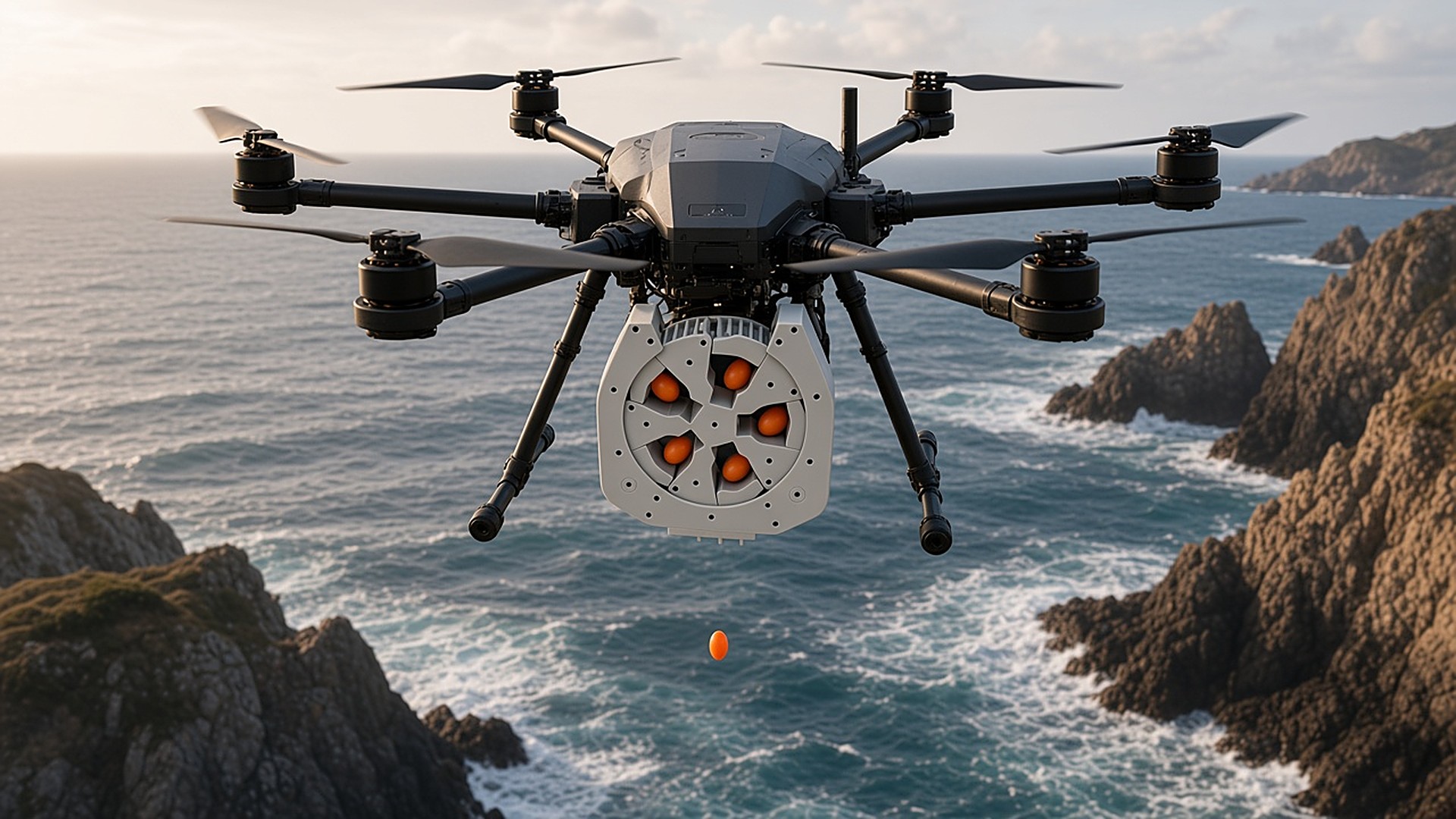 FlySpark RD5-C revolver drone dropper releasing an orange rescue marker from an enterprise hexacopter during a coastal sea rescue