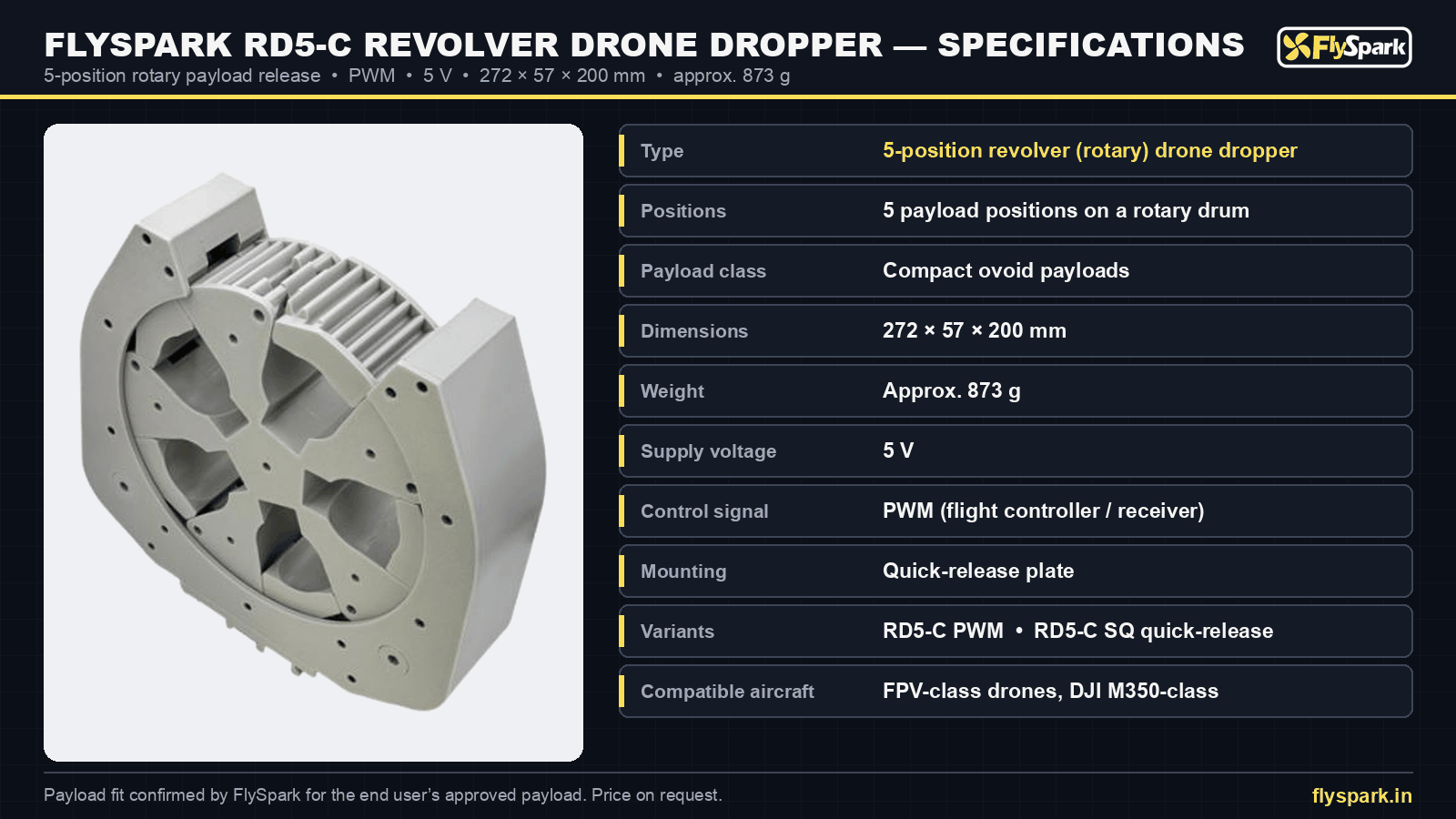 FlySpark RD5-C revolver drone dropper specification sheet – 5 positions, PWM, 5 V, 272 × 57 × 200 mm, approx. 873 g