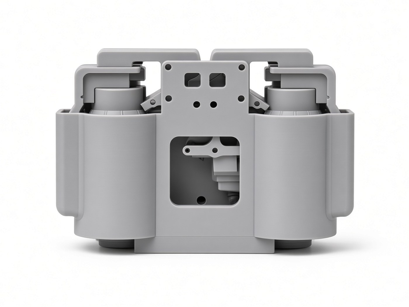 FlySpark SDA4 drone dropper front view showing the central quick-release mounting plate and two curved payload cradles