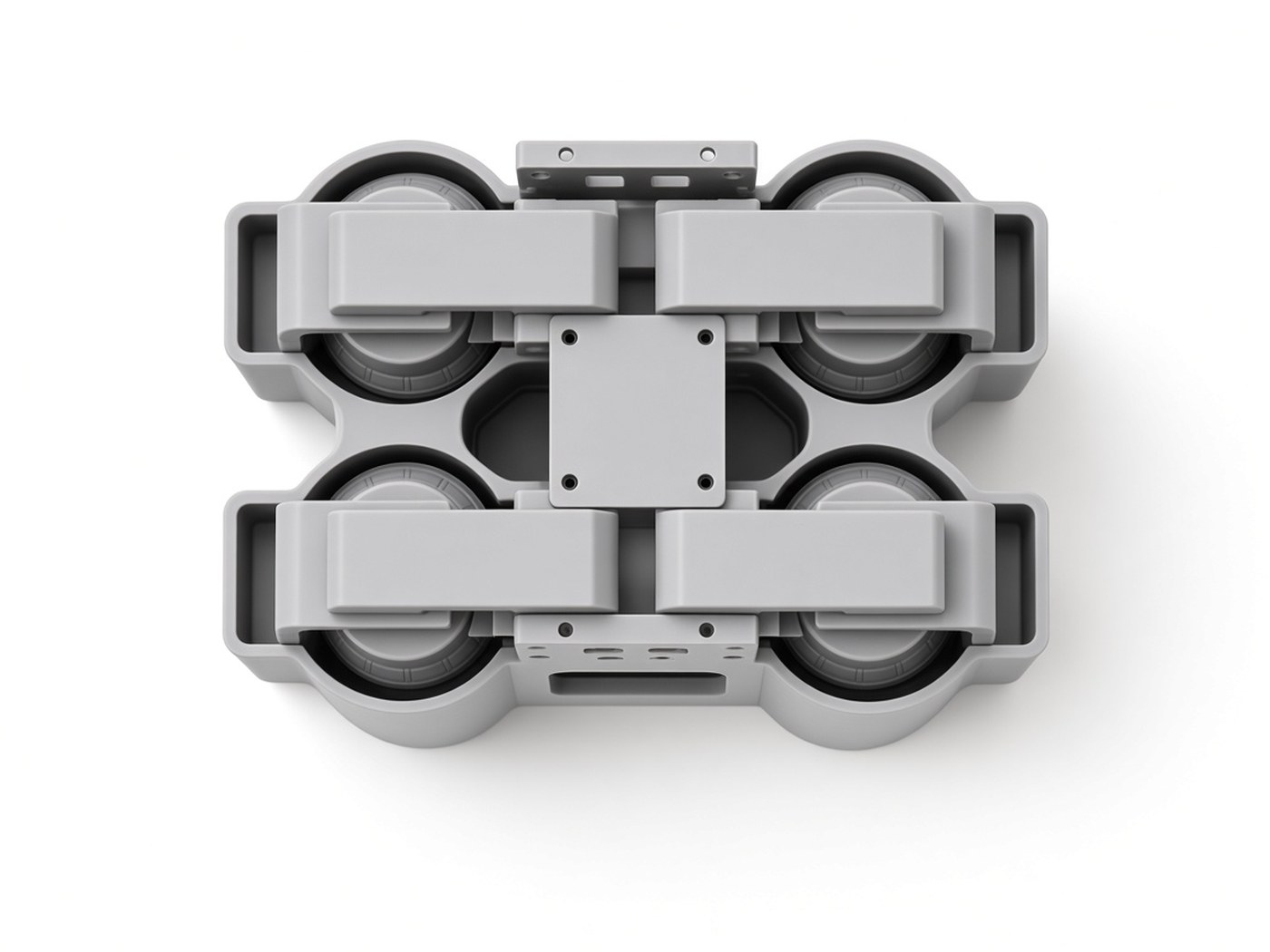 FlySpark SDA4 drone payload dropper top view showing four latch arms over the 2 × 2 cradle layout