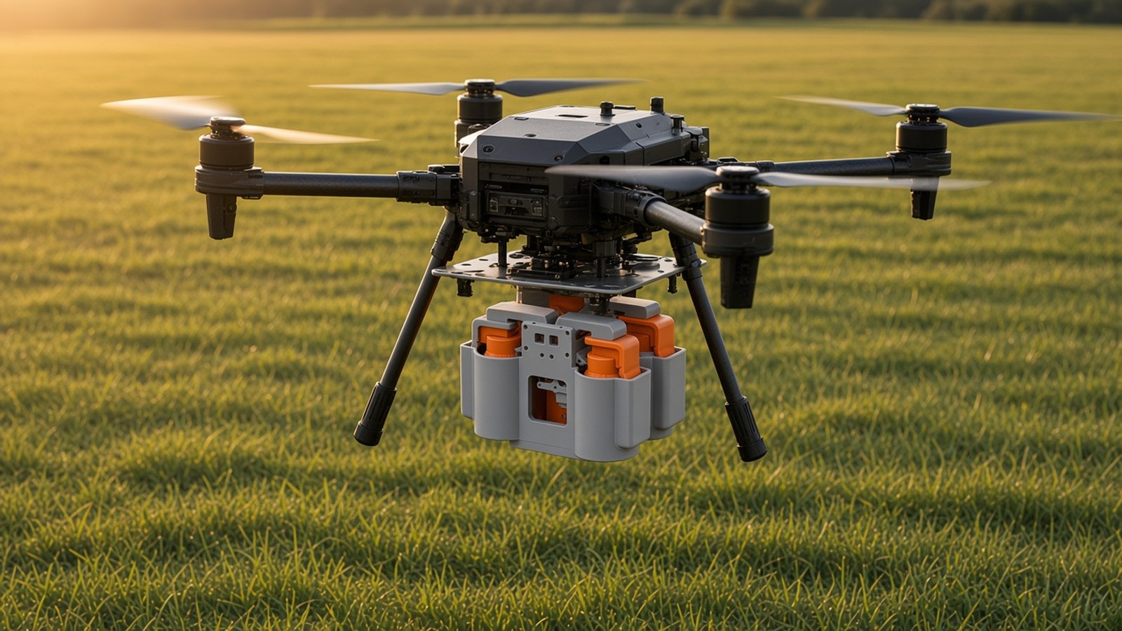 FlySpark SDA multi-channel dropper with inert orange training payloads mounted under a DJI M350-class enterprise quadcopter