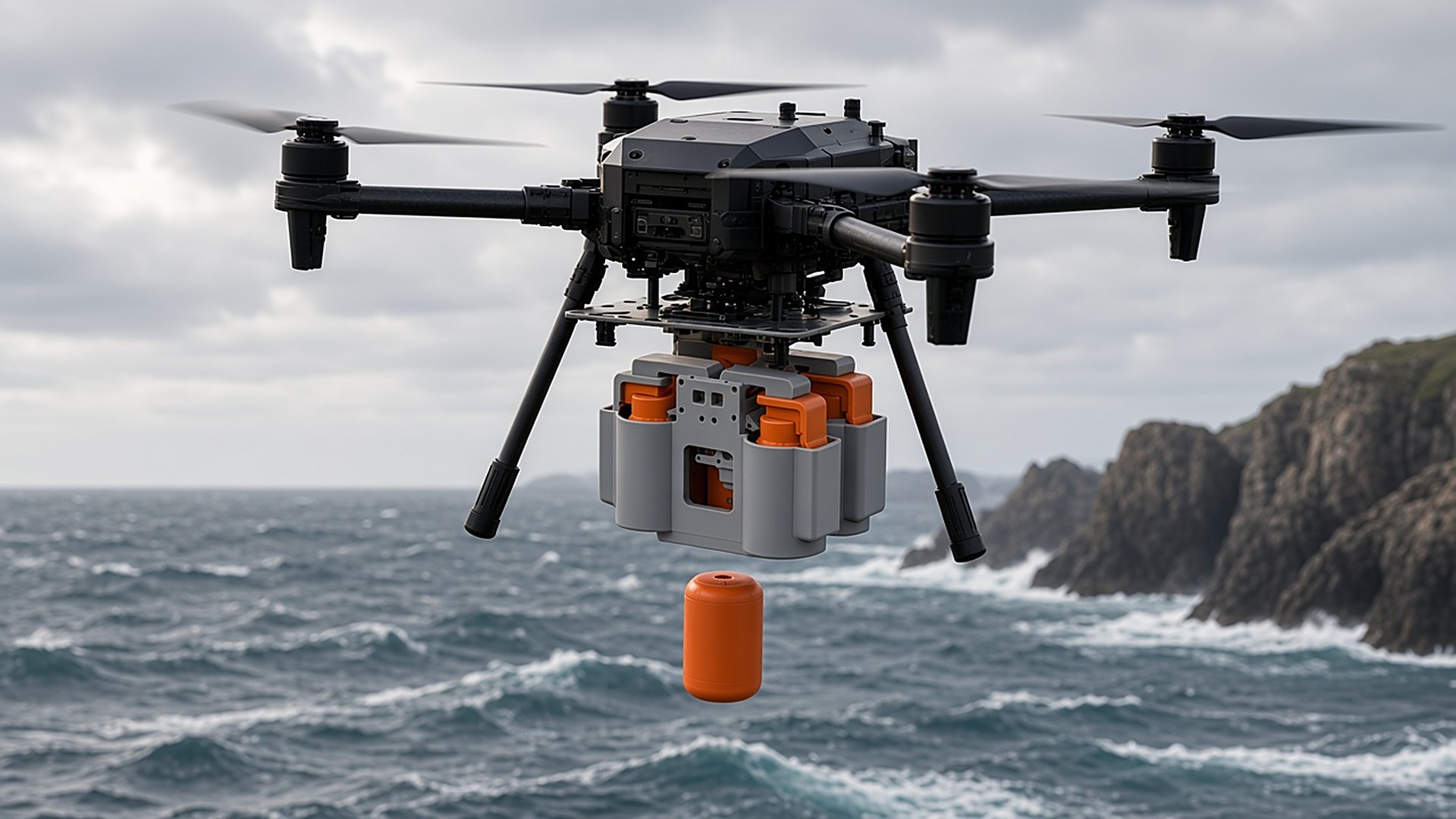 FlySpark SDA multi-channel drone dropper releasing an orange flotation capsule from an M350-class drone during coastal sea rescue