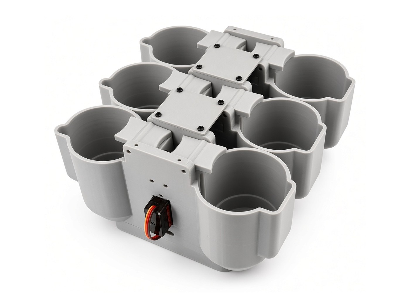 FlySpark SDC6 dual-lock multi-channel drone dropper with six empty parallel cradles, central dual-lock spine and servo connector