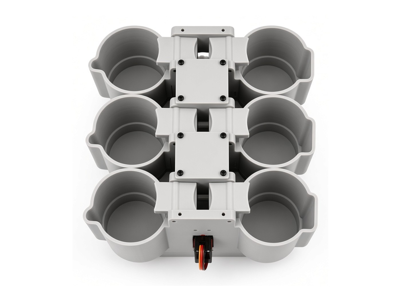 FlySpark SDC6 drone dropper top view showing two rows of three cradles and the central dual-lock spine
