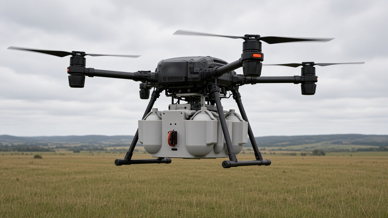 FlySpark SDC multi-channel drone dropper on a DJI M350-class enterprise drone over a field training ground with inert capsules