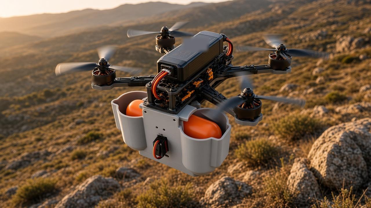 FlySpark SDC2 drone dropper mounted under a 10-inch FPV-class quadcopter carrying two orange rescue-marker capsules over hills