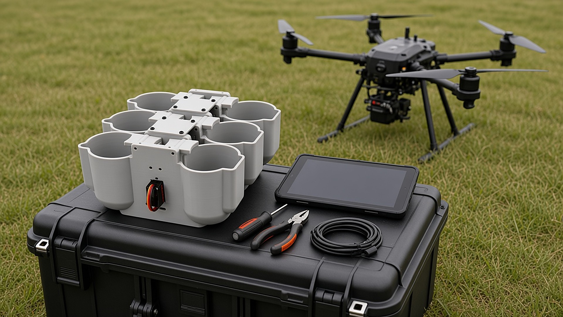 FlySpark SDC6 multi-channel drone dropper on a rugged field case with tablet and tools during pre-flight next to a DJI M350-class enterprise drone
