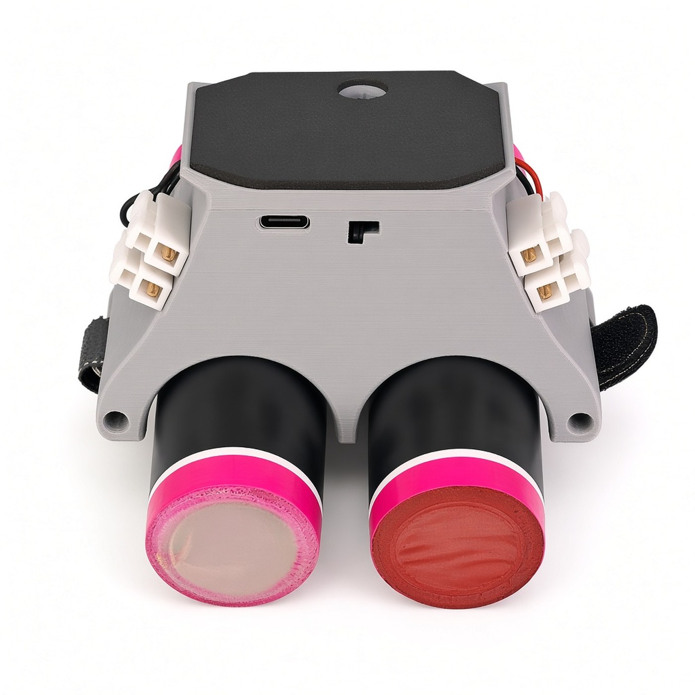 FlySpark SMOKER2 drone smoke generator front view – twin canisters, side connectors and foam mounting pad