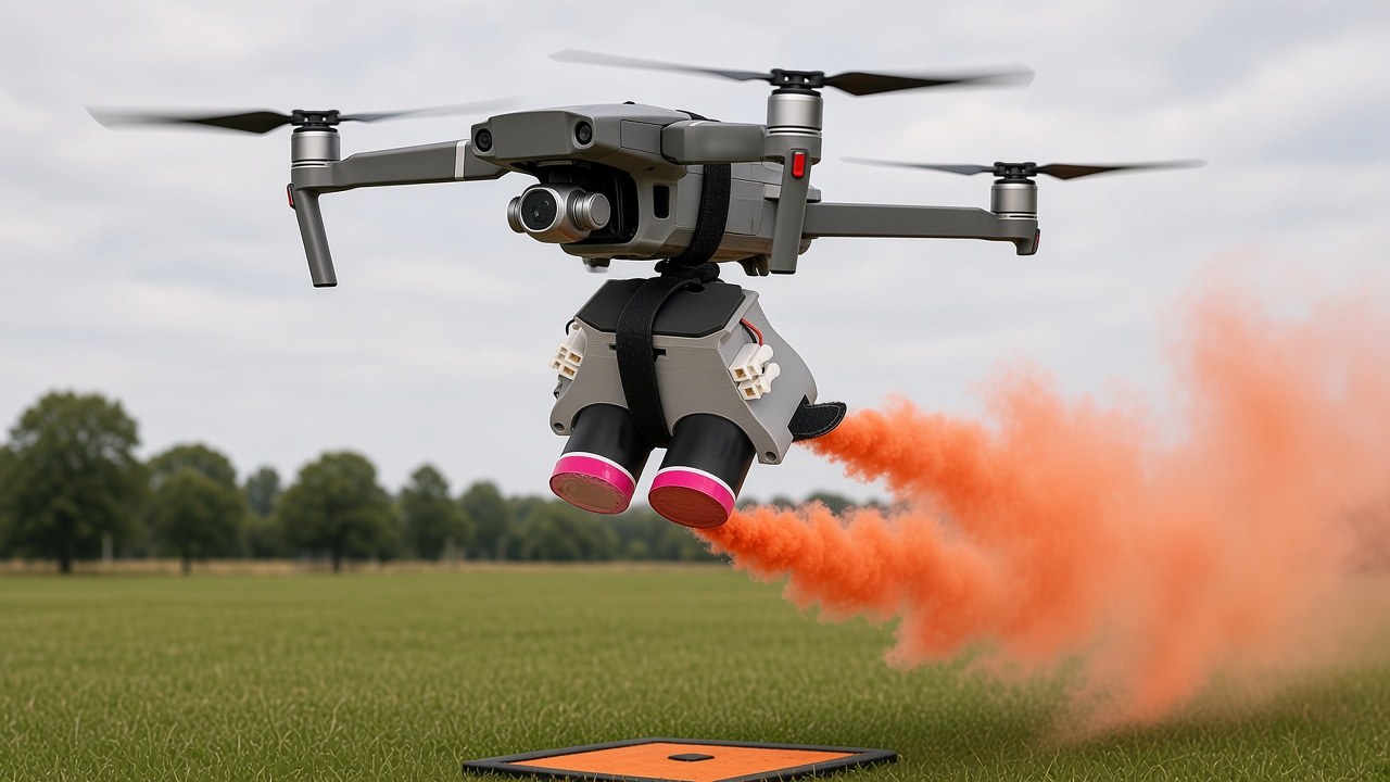 FlySpark SMOKER2 drone smoke generator strapped under a folding camera drone, laying an orange smoke trail for wind indication over a training field