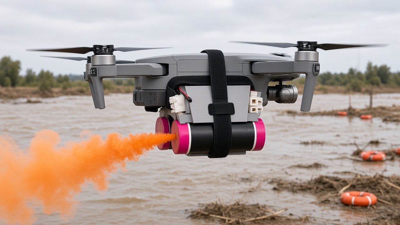 FlySpark SMOKER2 drone smoke generator under a camera drone marking a position with orange smoke during flood-rescue training