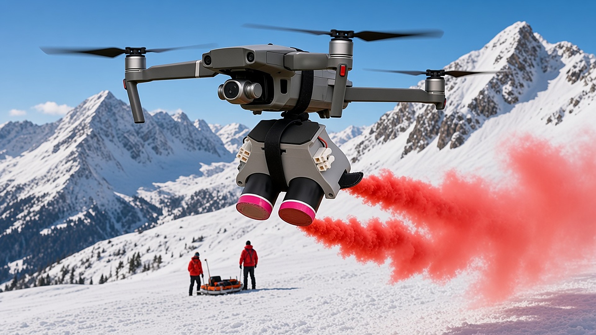 FlySpark SMOKER2 drone smoke generator laying red marker smoke over a snow slope to guide a mountain rescue team to a casualty position