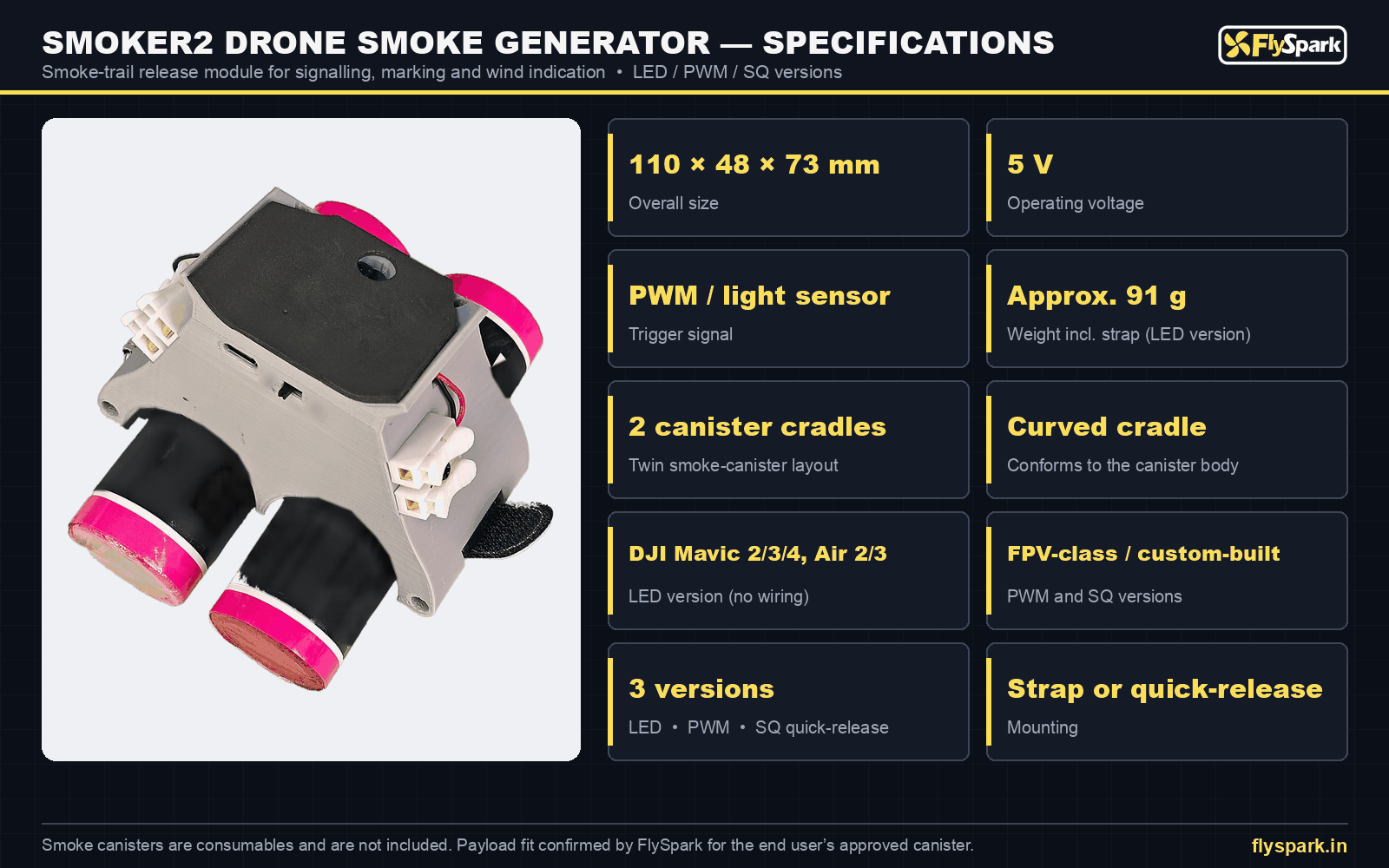FlySpark SMOKER2 drone smoke generator specification sheet – 110 × 48 × 73 mm, 5 V, approx. 91 g, LED / PWM / SQ