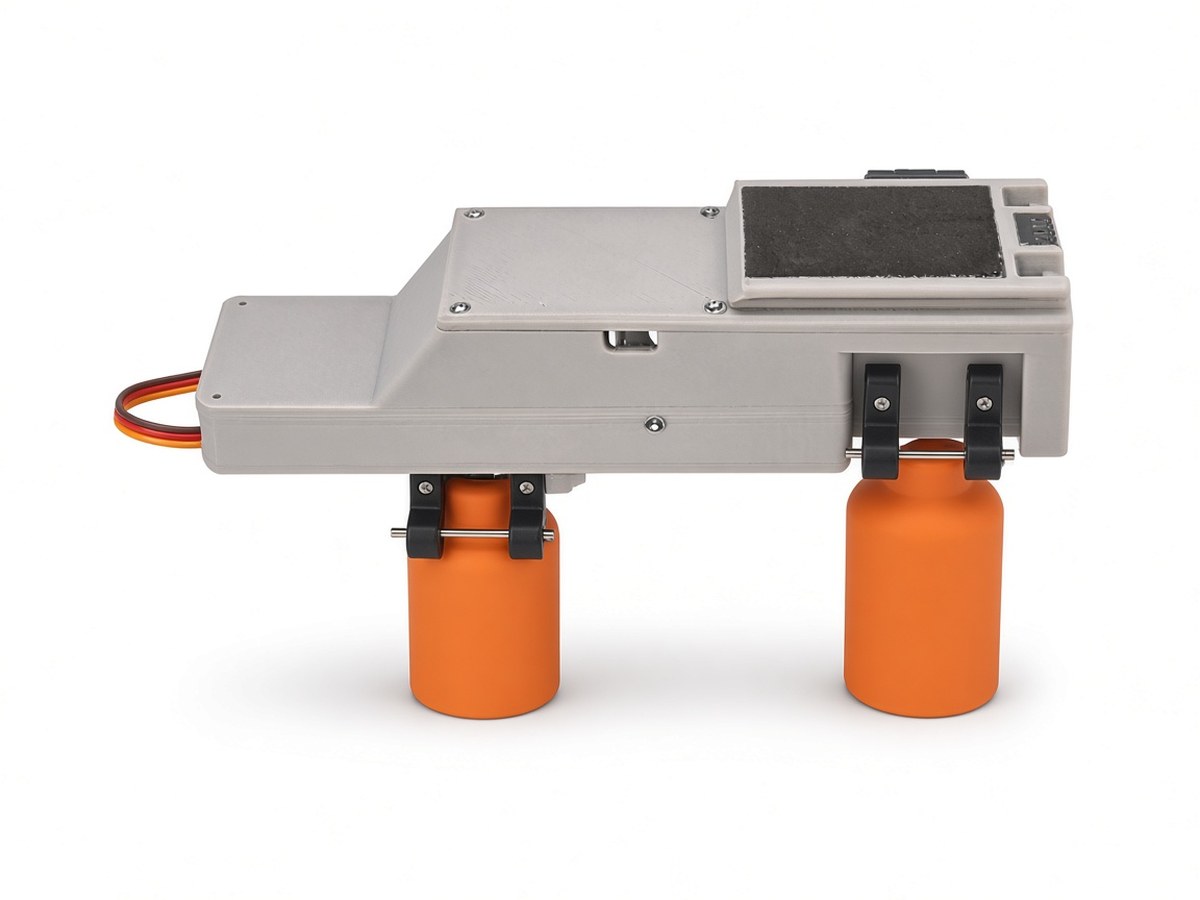FlySpark XD2-V2 drone dropper side profile with two inert training cylinders on independent retention pins