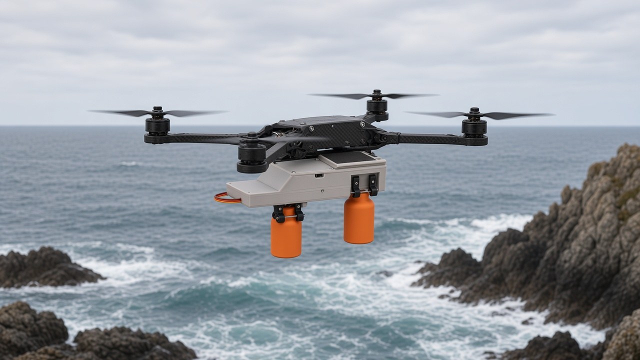 FlySpark XD2-V2 dual-channel drone dropper on a custom-built quadcopter carrying flotation pouches over the sea