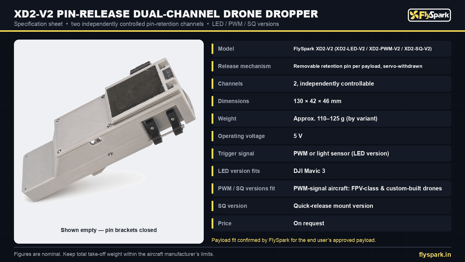 FlySpark XD2-V2 drone dropper specification sheet – 130 × 42 × 46 mm, 110–125 g, 5 V, PWM or light-sensor trigger