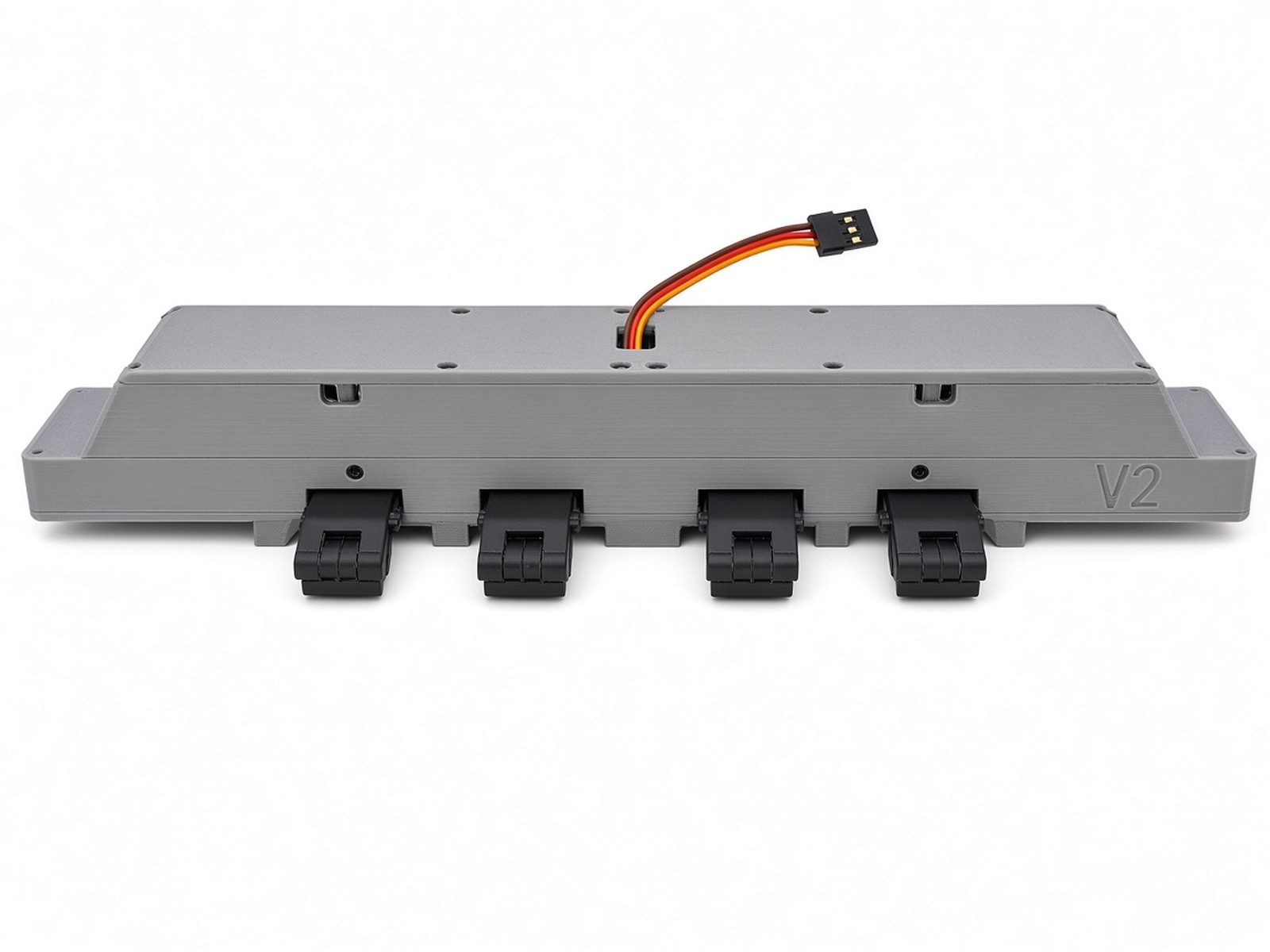 FlySpark XD4-V2 pin-release 4-position drone payload dropper, front view with four black release clips and servo lead