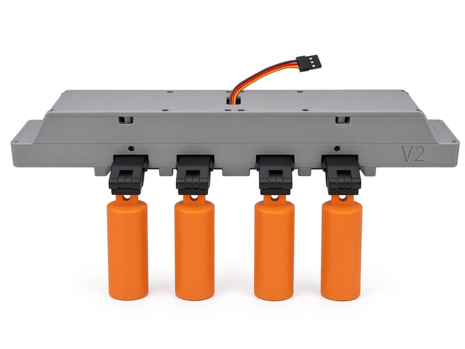 FlySpark XD4-V2 drone dropper holding four plain orange inert training cylinders on its pin-release clips