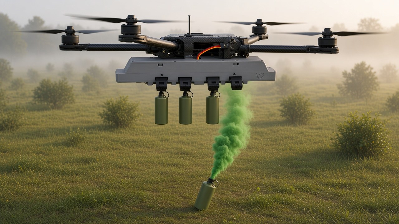 FlySpark XD4-V2 drone dropper releasing a green marker smoke canister for landing-zone signalling over a training range