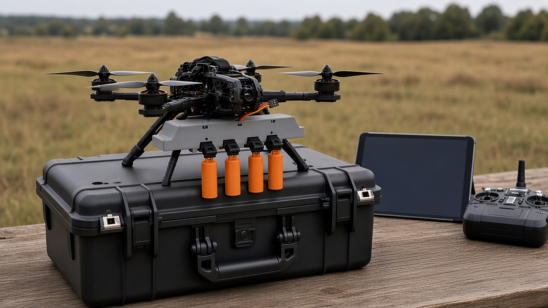 FlySpark XD4-V2 drone dropper fitted under an FPV-class quadcopter on a rugged equipment case during pre-flight checks, loaded with four orange inert training cylinders