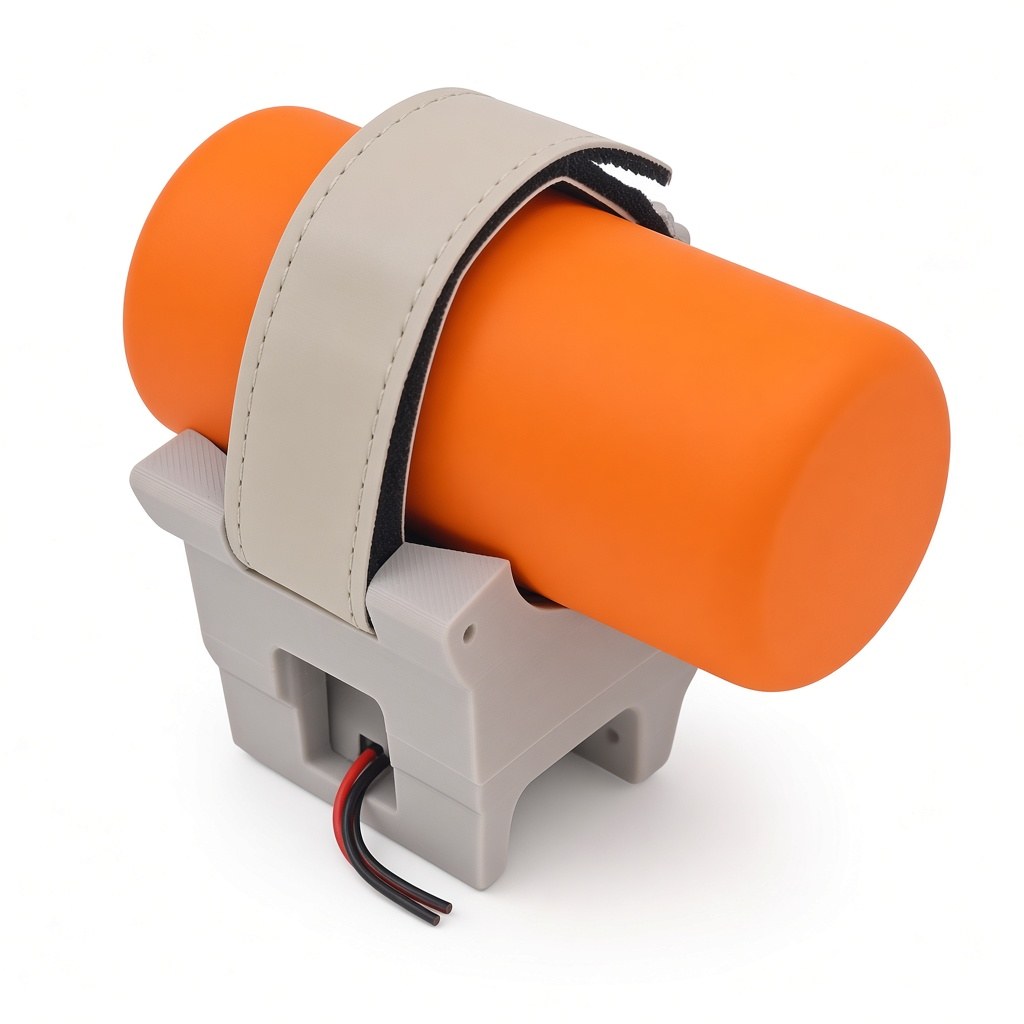 FlySpark ZD1-V3 payload dropper rear three-quarter view with light-grey body, beige retention strap and servo lead