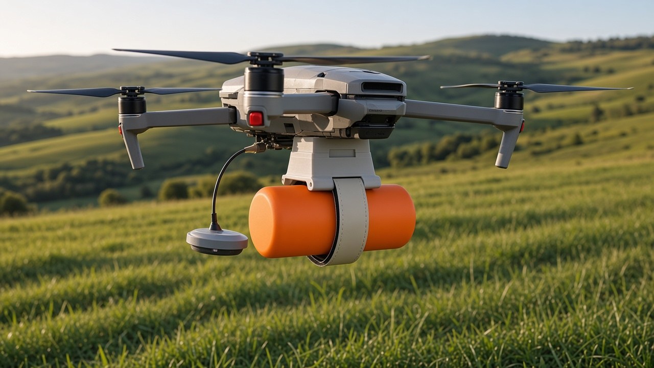 FlySpark ZD1-V3 drone payload dropper strapped under a Mavic-class folding camera drone carrying an orange rescue pouch over hills