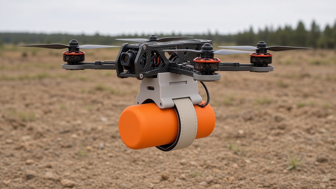 FlySpark ZD1-PWM-V3 drone dropper mounted under a 7-inch FPV-class quadcopter carrying an inert orange training cylinder