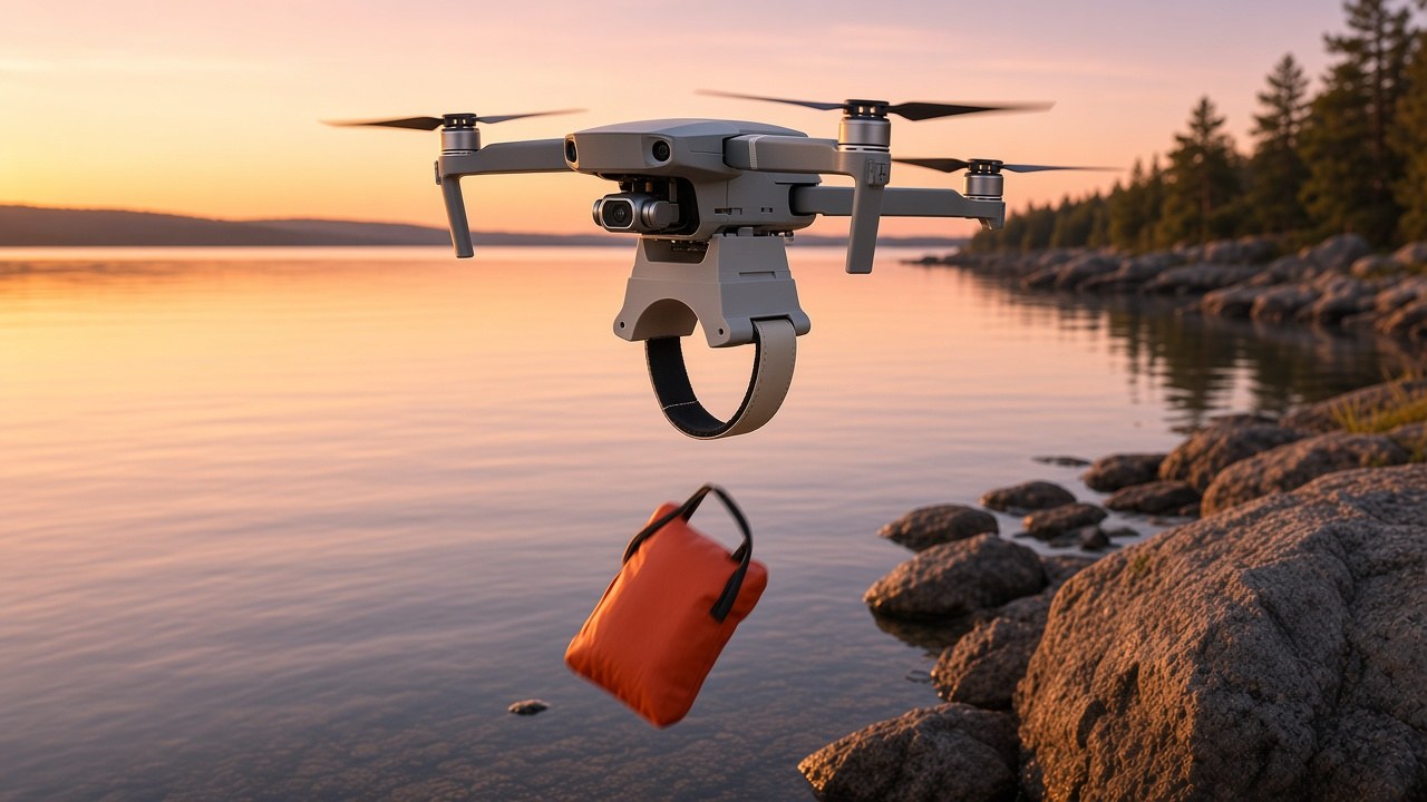 FlySpark ZD1-V3 drone dropper releasing an orange flotation pouch from a compact camera drone over a lake during a water rescue