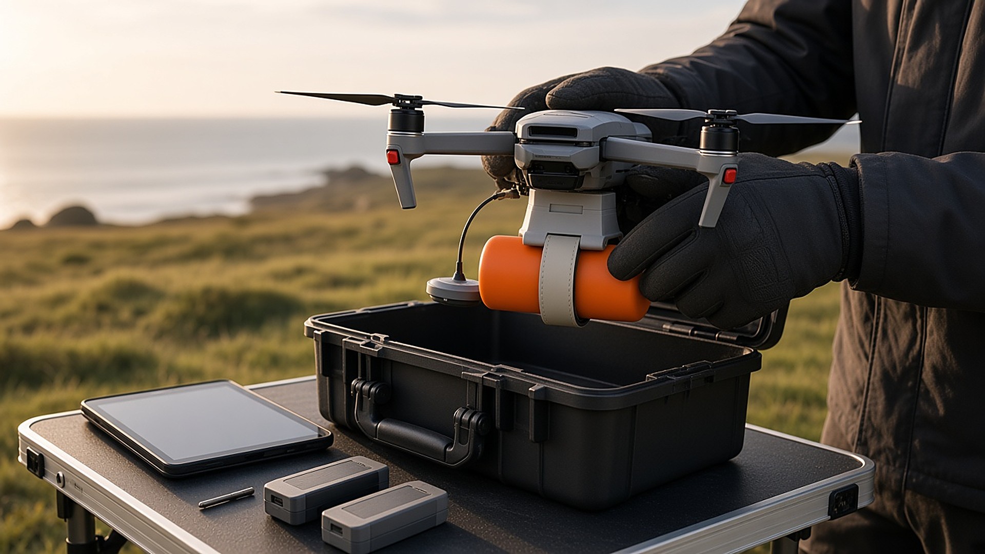 FlySpark ZD1-LED-V3 drone payload dropper strapped under a Mavic-class camera drone during a pre-flight check at a coastal rescue base