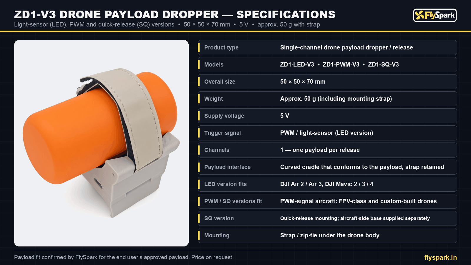 FlySpark ZD1-V3 single-channel drone payload dropper specification sheet – 50 × 50 × 70 mm, 5 V, approx. 50 g, LED / PWM / SQ